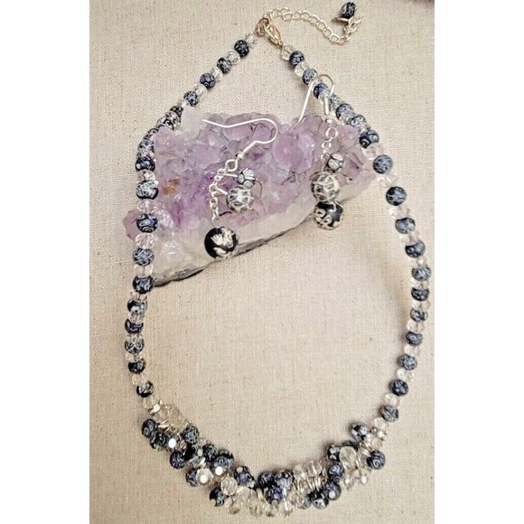Viva Beads Cluster Crystals Denim Color Clay Beaded Necklace Earring Signed Set - Picture 1 of 8